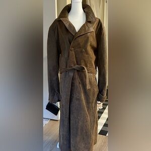 Vtg RARE Distressed Brown Leather Trench Coat Silk Lining Goth Grunge Batman XL